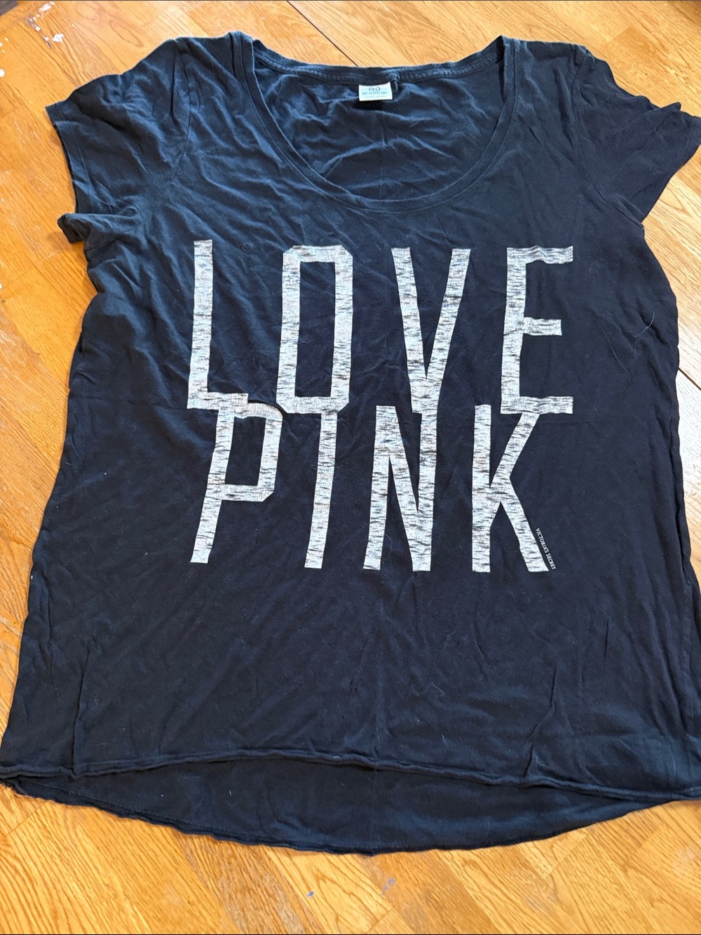 PINK Victoria's Secret Black Short-Sleeve Tee with White 'LOVE PINK' Graphic
